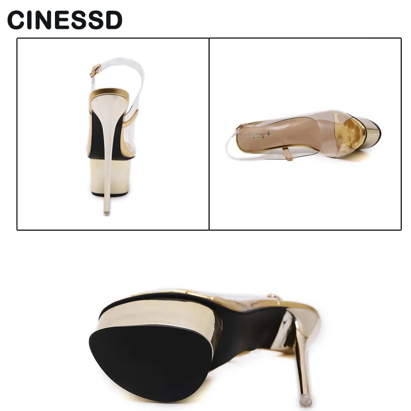 Sexy 16cm PVC summer sandals women fashion peep toe transparent platform party dress shoes black gold size 35-40 | Обувь