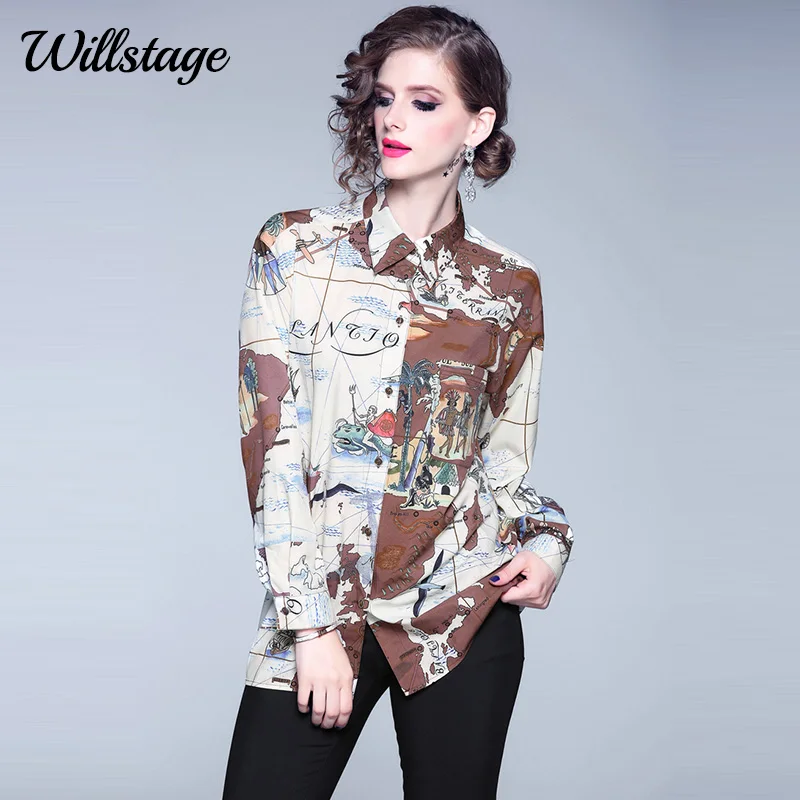 Женская рубашка с принтом Willstage свободная Длинная блузка длинным рукавом и в
