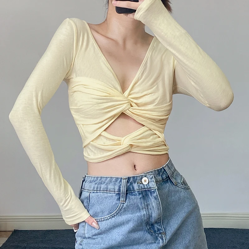 

Long Sleeve Spring Autumn Women's Cropped Tops Cut Out Sexy Tops T-Shirts Wrap Elegant Top Tees Slim Clothes