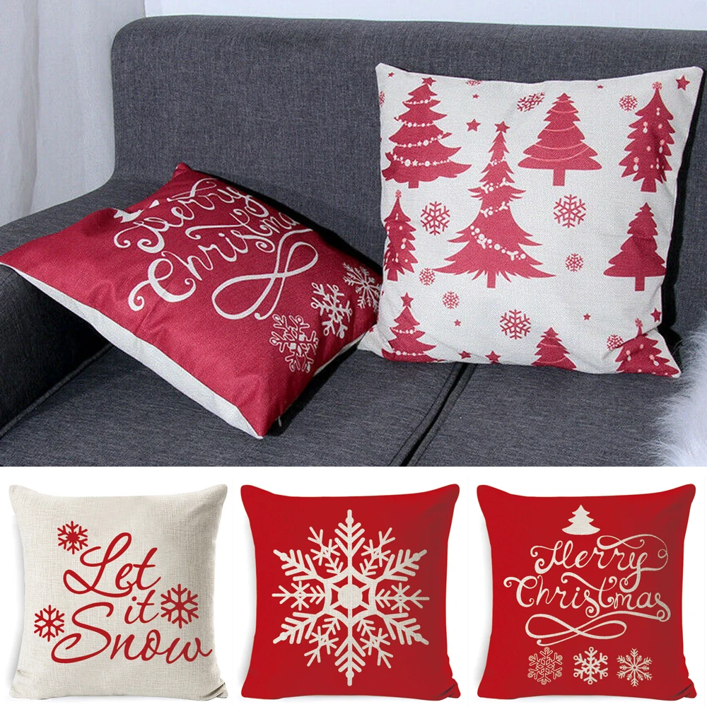 

Square Pillow Case Snowflake Merry Christmas Letter Print Xmas Replaceable Cushion Cover 45X45cm Sofa Pillowcase Home Decors