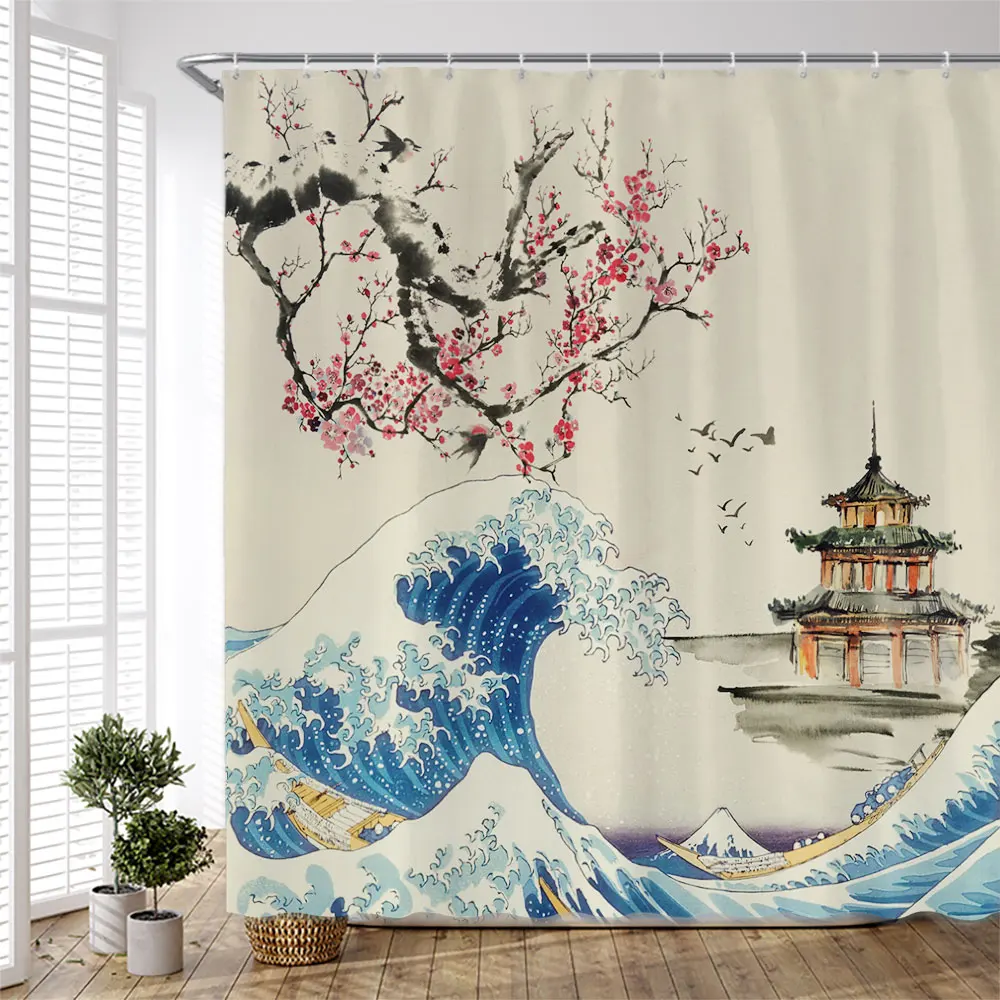 

Ocean Wave Cherry Blossom Shower Curtains Pavilion Red Plum Chinese Style Ink Painting Landscape Waterproof Bathroom Decor Hooks