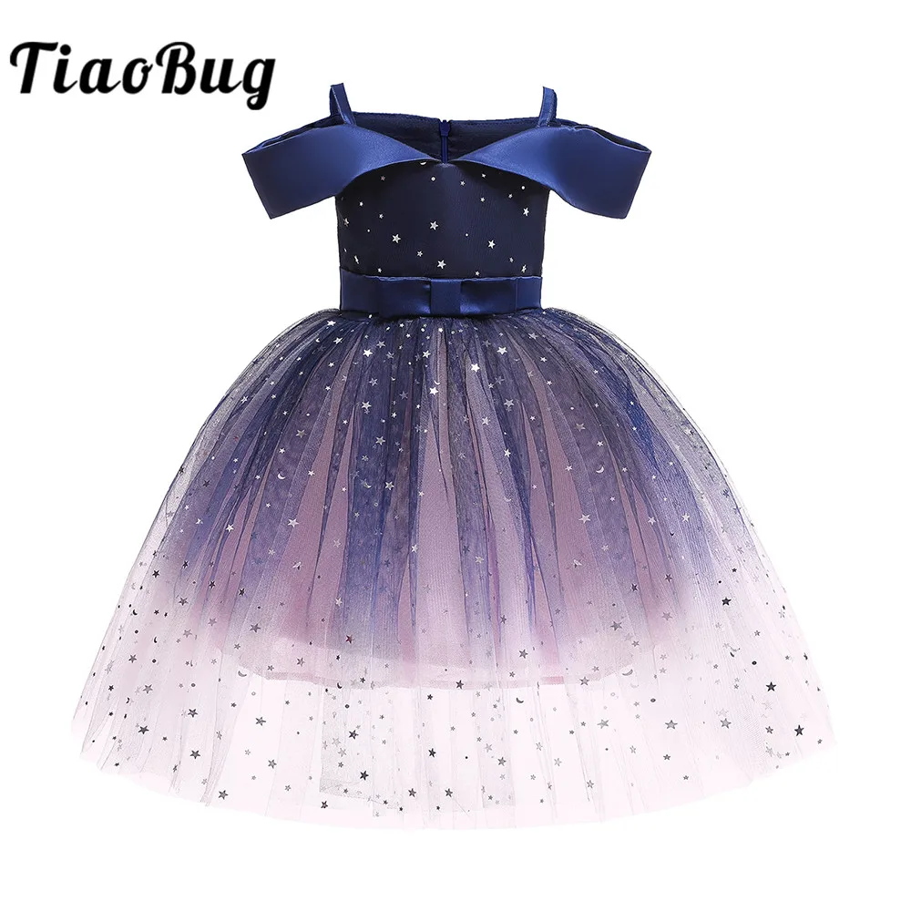 

TiaoBug Kids Off the Shoulder Shiny Stars Tutu Princess Dress Girls Birthday Party Ballroom Pageant Stage Performance Costume