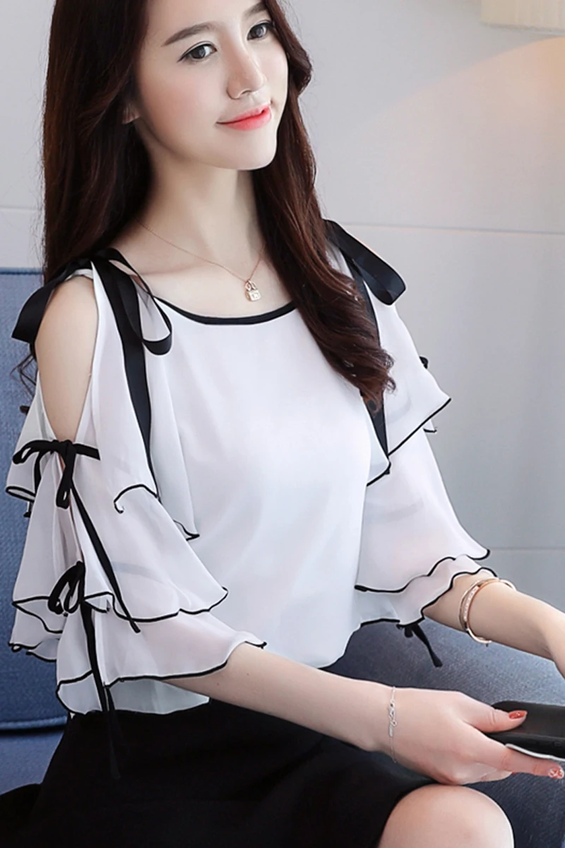 

Ruffled Chiffon Blouse Women's Summer Wear 2021 New Loose Off Strapless White Top Fashionable Short Sleeve Female Shirt