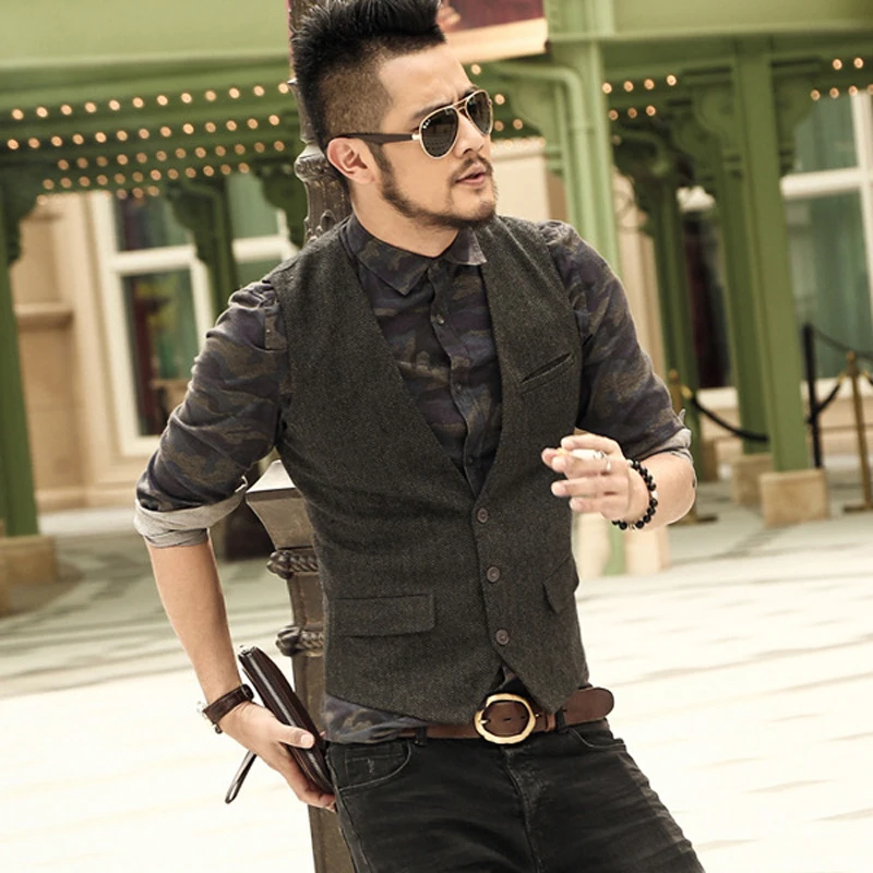 Mens Casual Tweed Suit Vest Three Button Waistcoats Vintage Formal Blazers Men Gentleman Slim Fit Dress | Мужская одежда