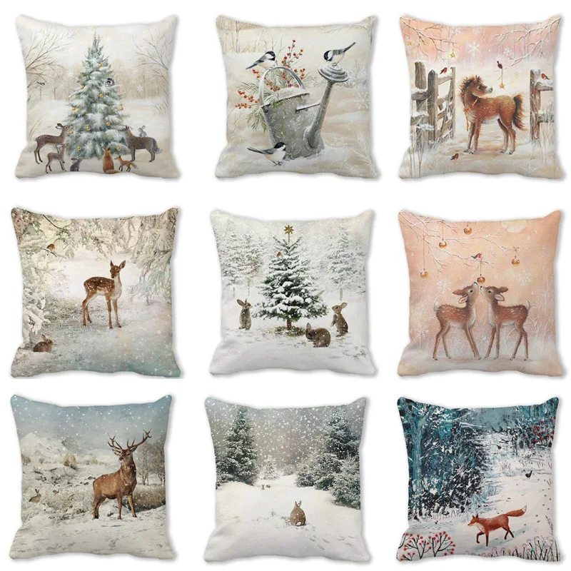 

Merry Christmas Cushion Cover Xmas Snow Deer Sofa Bed Throw Pillow Covers Peachskin Velvet Decorations Pillowcase New Year Gift