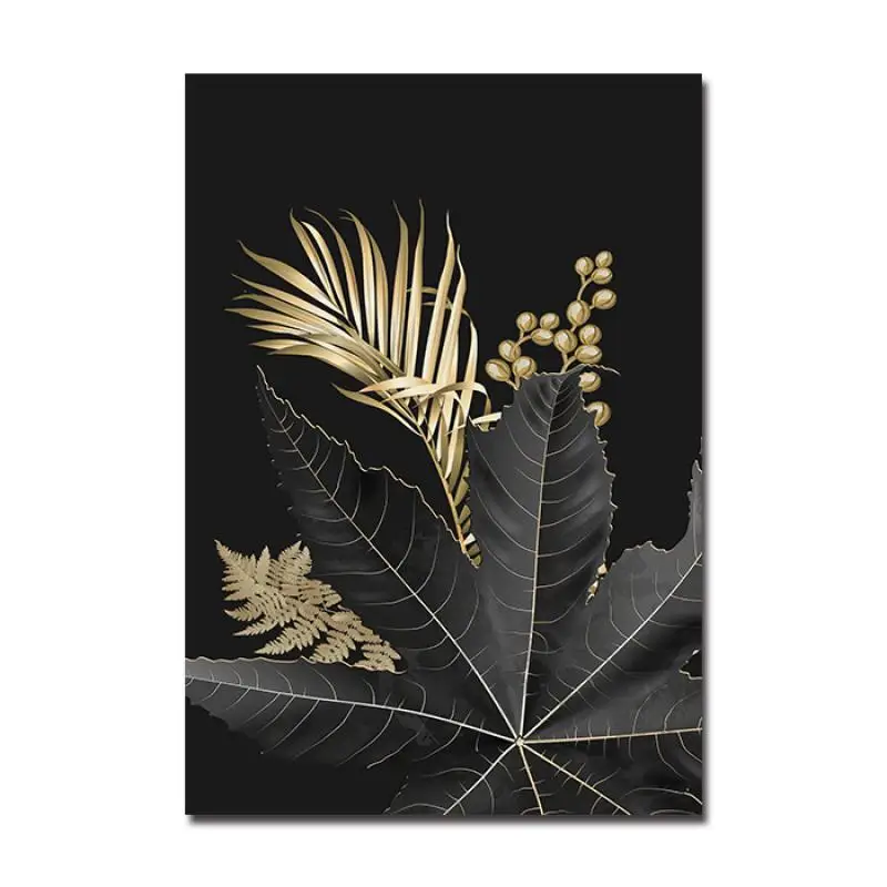 

Abstract Nordic Light Luxury Plant Wall Painting Black Background Golden Leaf Home Hd Frameless Canvas Print Decorative Poster
