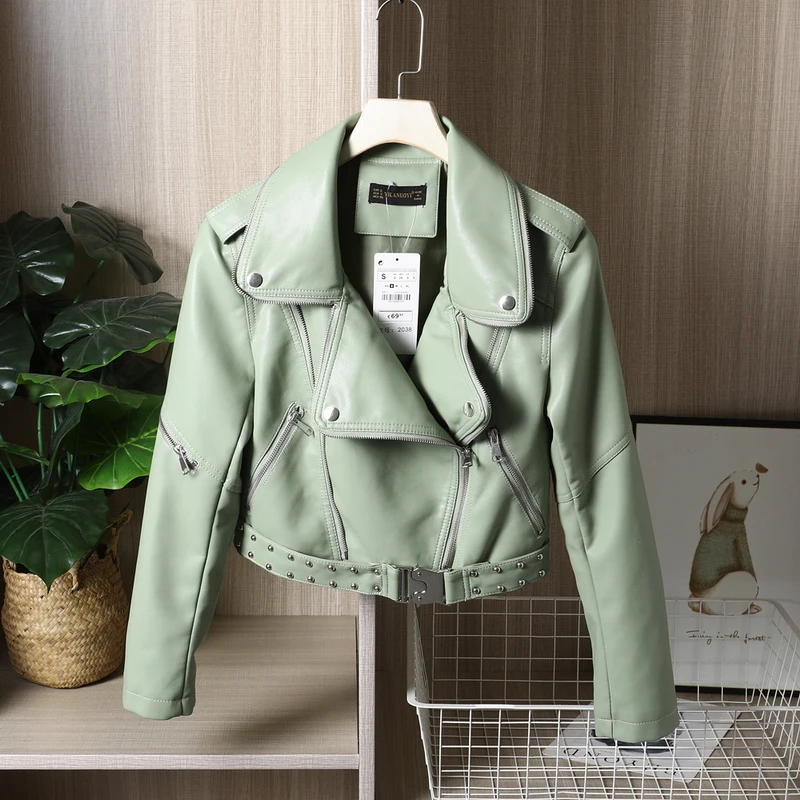 

Korean Short Faux Leather Jacket Streetwear Chic Rivet Waist Buckle Biker Jacket Women Spring Slim Long sleeve Outerwear Female