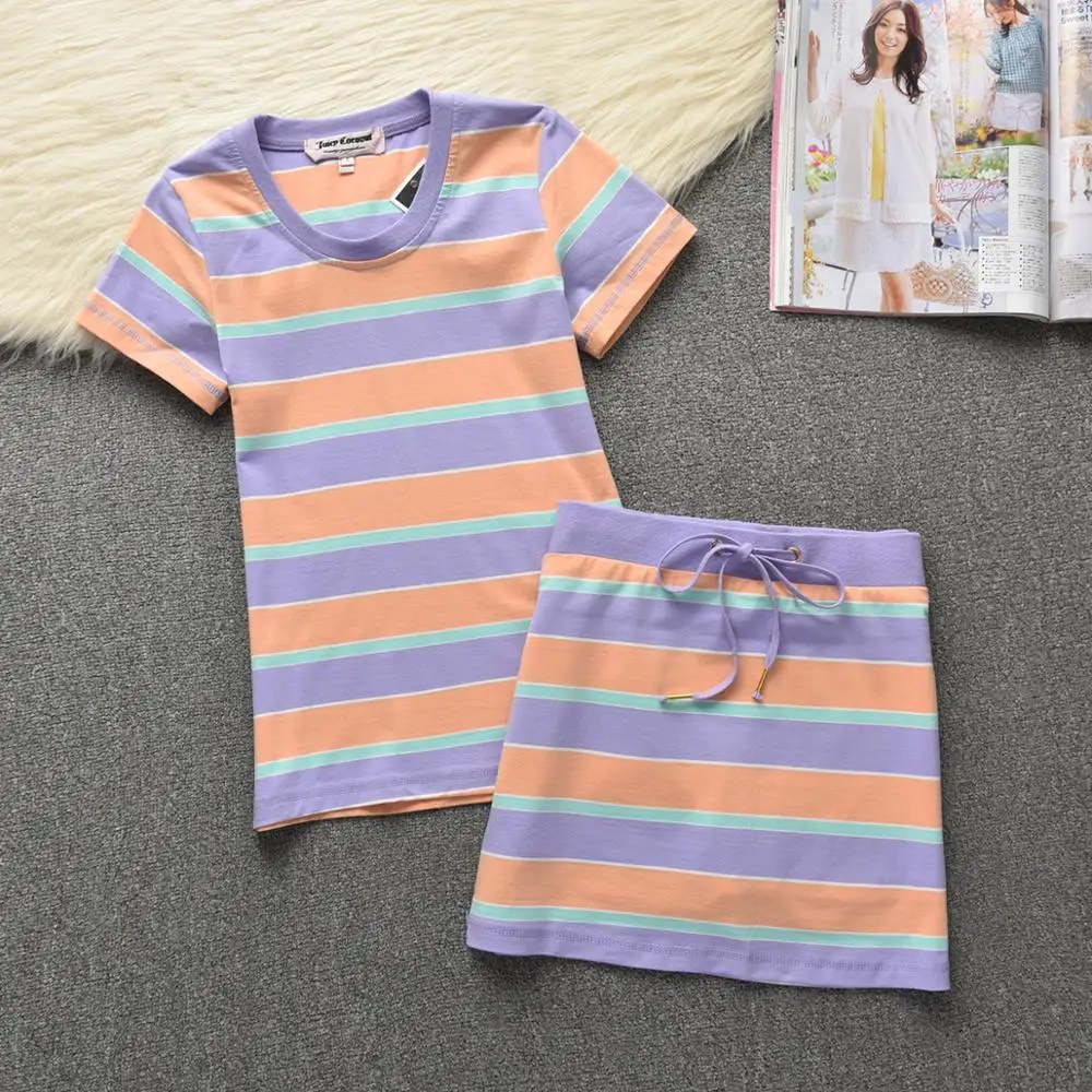 Women Two Pieces Set Striped T Shirts And Skirt Cotton Summer Short Sleeve O-Neck Casual Sportswear Causal Outfit  Woman S-2XL
