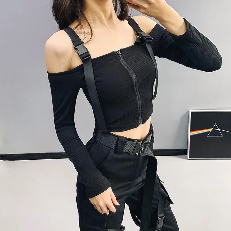 Sexy Off Shoulder Tops Women Strap Blouse Female Long Sleeve Knitted Stretch Shirts Casual Punk Crop High Street Top | Женская одежда