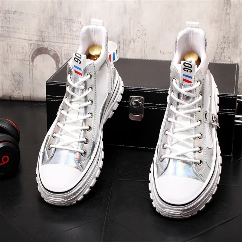 Jual Sneakers Punk Pria Emas Perak Warna Campuran Atasan Tinggi Sepatu Selebriti Web Sepatu Bot Pergelangan Kaki Datar Zapatillas Hombre