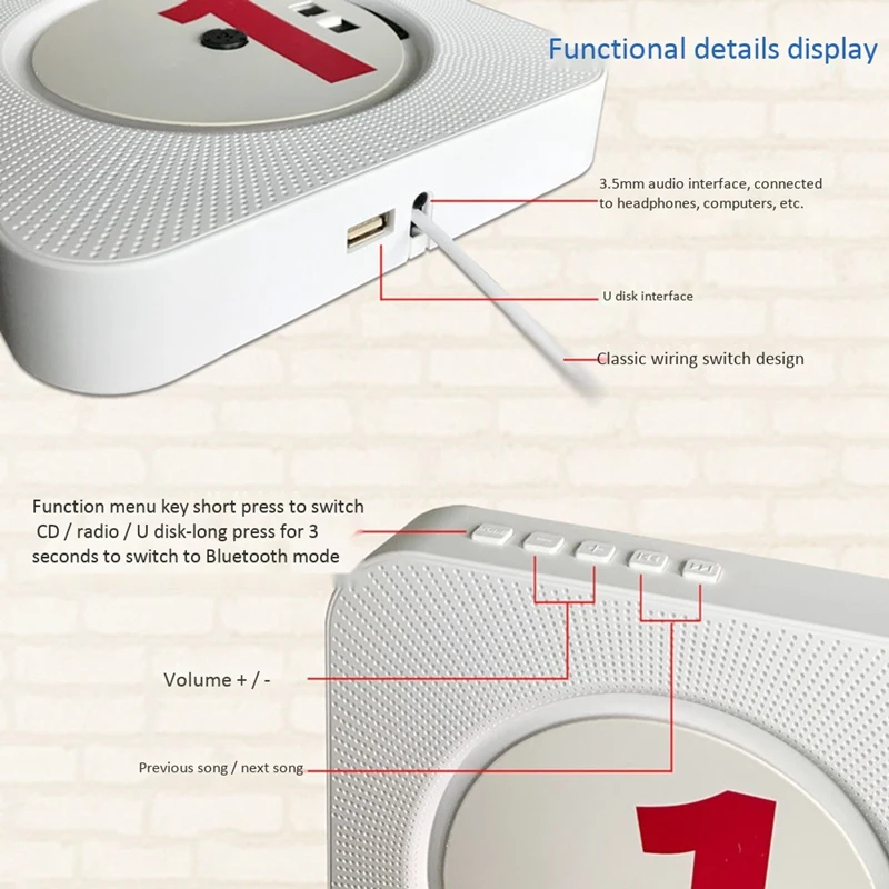 CD плеер настенный Bluetooth FM радио USB MP3 с пультом дистанционного управления