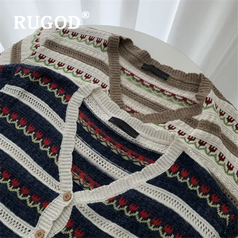 Женский ажурный кардиган RUGOD однобортный вязаный свитер с v-образным вырезом и