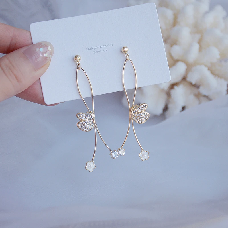 

2021 популярные длинные серьги-бабочки, элегантный цветок, инкрустированный цирконием, подвеска из нержавеющей стали, аксессуары, модель A0108