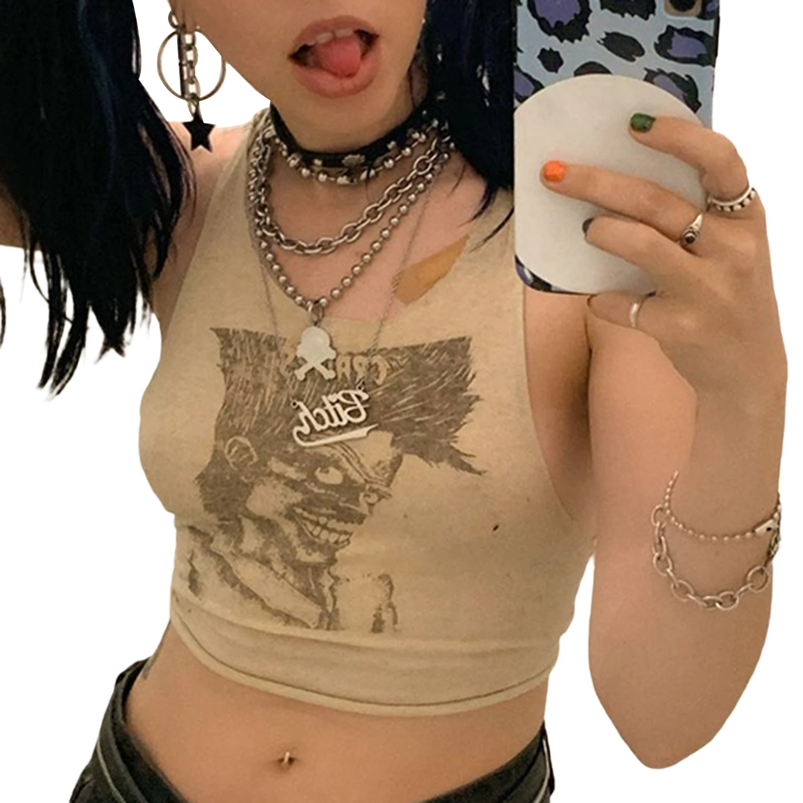 

Women's Round Neck Tank Tops, Trendy Sleeveless Anime Printed Slim Fit Crop Tops