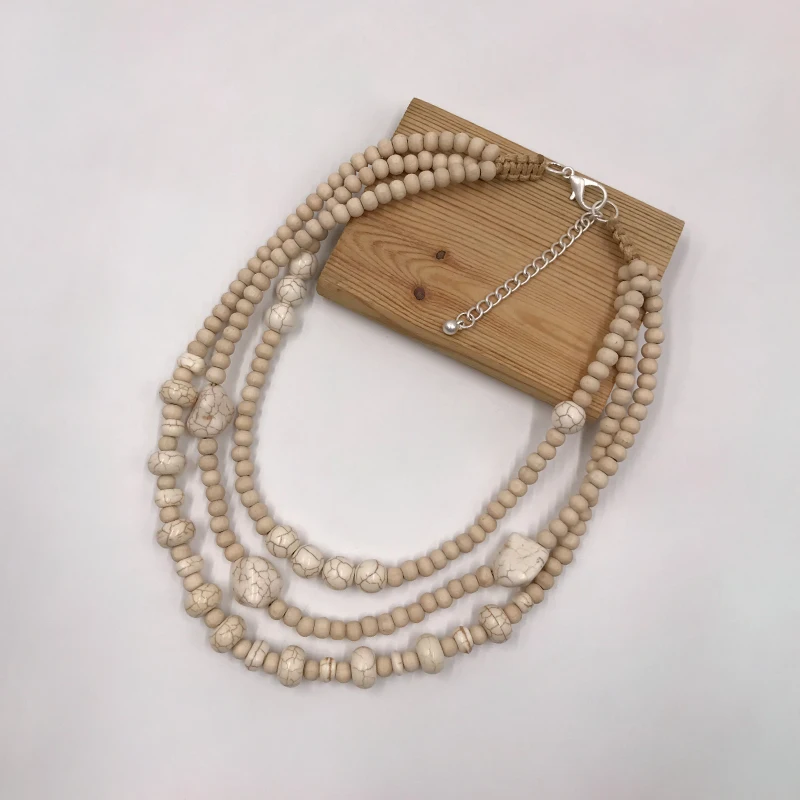 

Suekees Boho Fashion Jewelry Collar Necklace Wax Cord Wood and Natural Stone Beads Earthy Collares Necklace Women Accessories