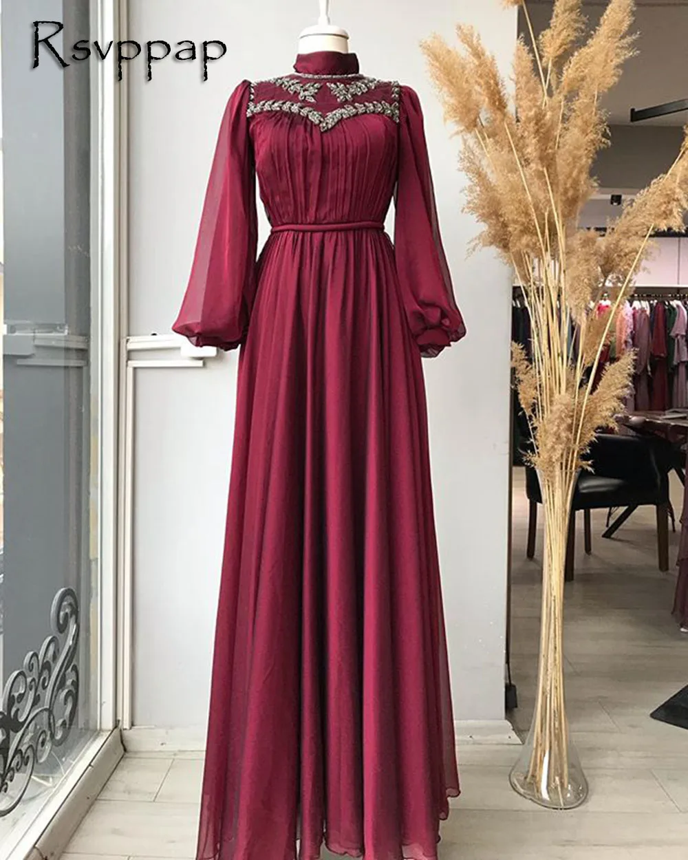 

Elegant Long Evening Dress 2021 High Neck Long Sleeve Beads Muslim Burgundy Chiffon Women Formal Gowns