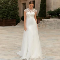 elegant simple tulle wedding dress vintage o neck cap sleeves a line illusion 3d flowers bridal gown for women vestido de novia