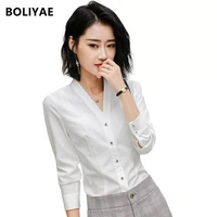 boliyae women blouses office lady casual plus size tops v neck white long sleeve 2021 spring and summer korean fashion shirts