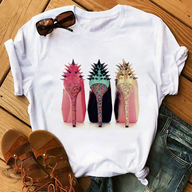 T-shirt Woman Red High Heel T-Shirt Lady Luxury Makeup Paris Style Women Summer Short Tops Girl Hipster T-shirts Clothes | Женская