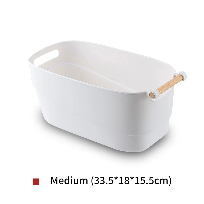 

Multifunctional white storage box with wooden handle Thickened large size plastic kitchen bathroom Storage box without lid