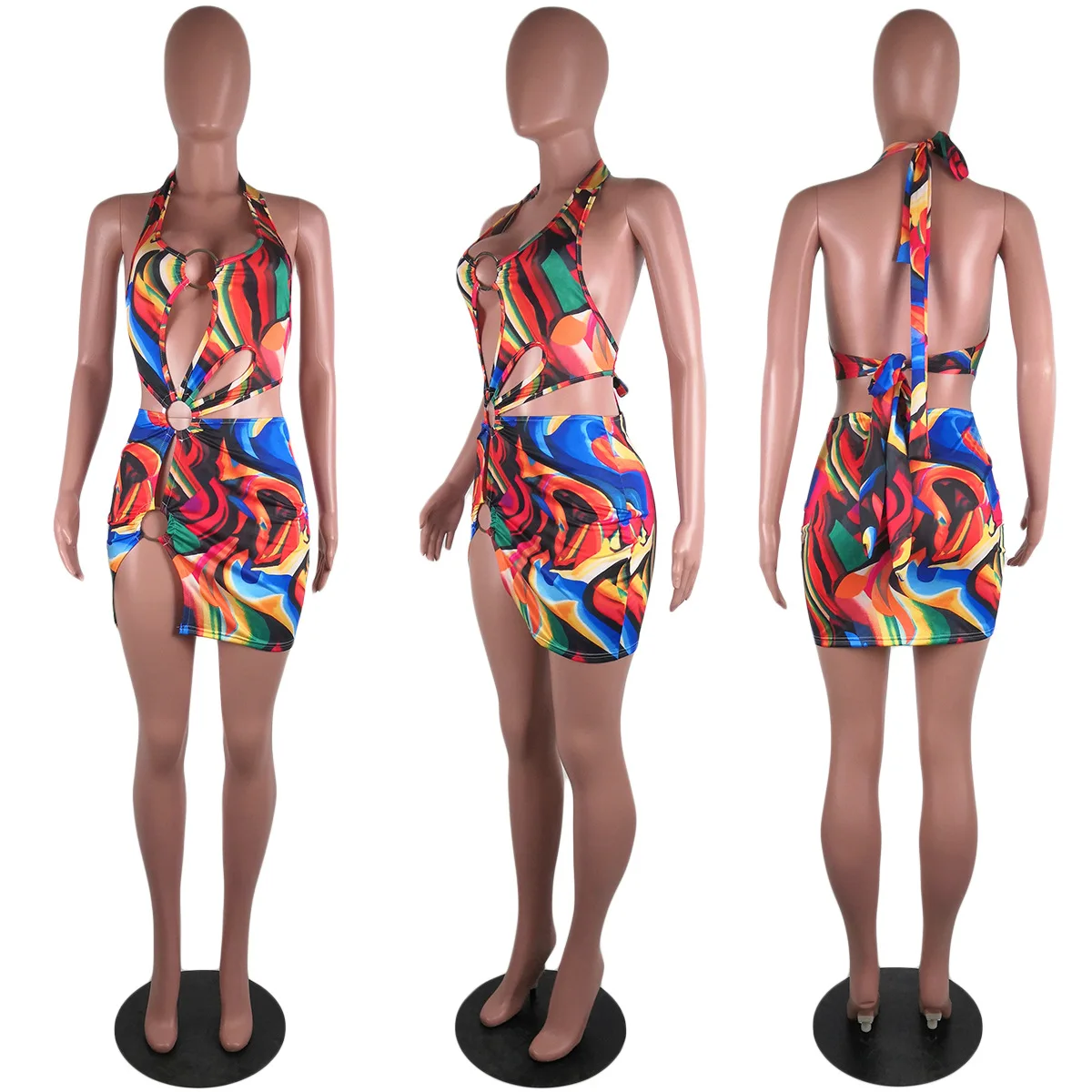 

Donsignet Women Dress Sexy Summer Fashion Halter Backless Dress Women Printed Nightwear Hollow Out Mini Dresses Vestido Feminino