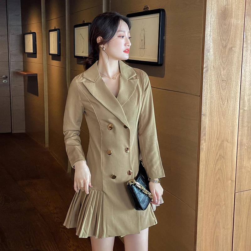 

Women Temperament OL Short Khaki Pleated Dress 2021 Autumn New Notched Double Breasted Long Sleeve Blazer Mini Dresses