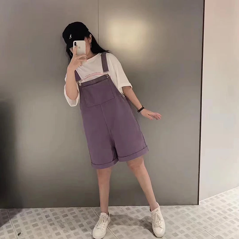 Denim Jumpsuits Women's Korean Preppy Style Summer Loose Lavender Jumpsuit Oversize Big Pocket Thin 2021 Woman Jumpsuit Shorts