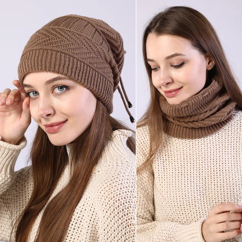 Зимняя шапка с капюшоном для женщин плюс Вельветовая теплая женская вязаная шарф