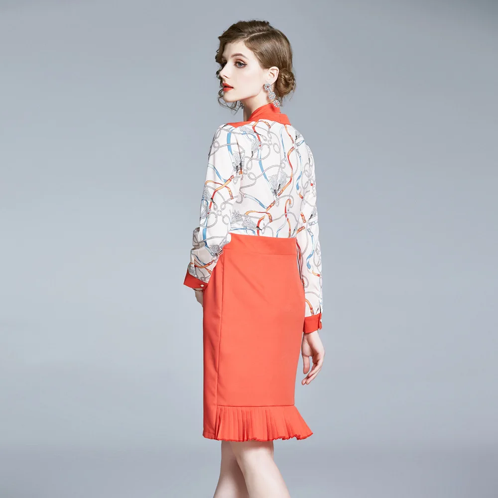 

Women Dress Spring Elegant Print Patchwork Office Ladies Long Sleeve Pleated Bow Collar Dress Kinee-Length Shirt Dresses Luxury