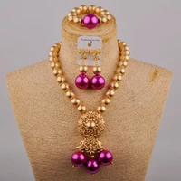 new nigeria wedding jewelry fuchsia pink glass pearl jewelry bride wedding dress banquet jewelry accessories set sh 49