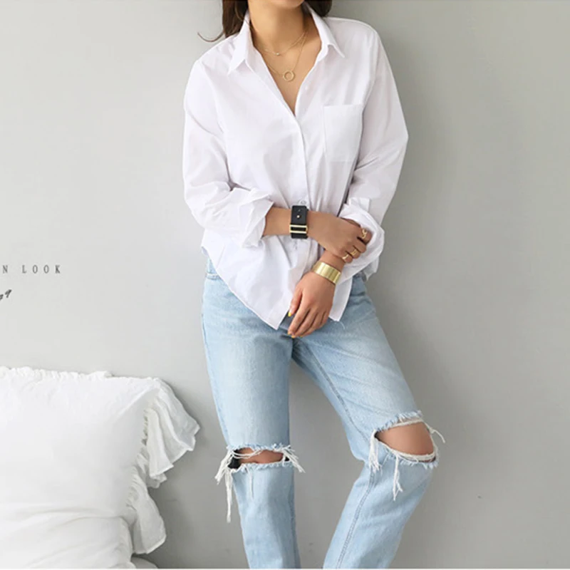 White Women Cotton Slim Office Lady Blouse Autumn Spring Long Sleeve Pocket Work Shirts Solid Color Straight Top Female 2020 New