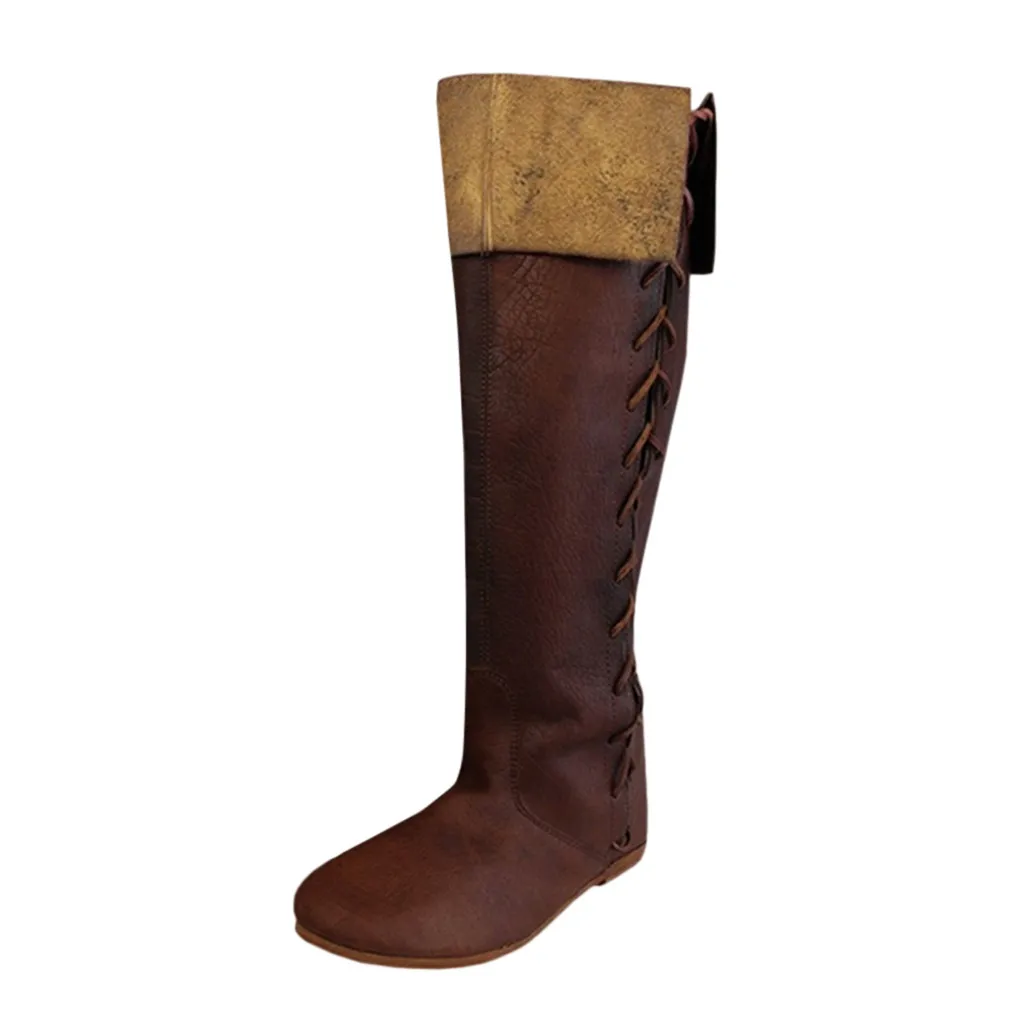 Коричневый Г., женские сапоги в западном стиле зимние рыцарские сапоги в стиле ретро с высоким голенищем расклешённые женские модные туфли на плоской подошве высокие сапоги в римском стиле - Цвет: Коричневый