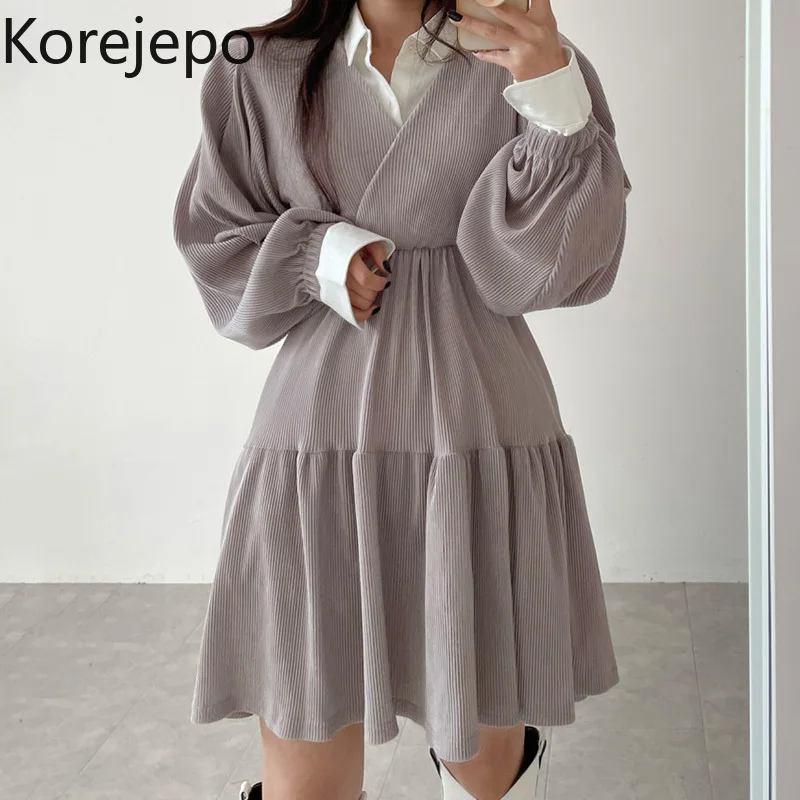 

Korejepo Corduroy Dress Women's Spring and Autumn 2021 New Retro Temperament Cross V-neck High Waist Thin Puff Sleeve Vestido