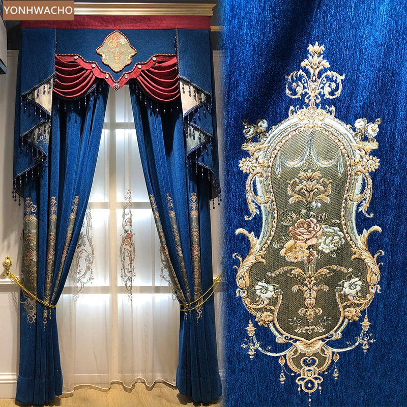 

Занавески на заказ в американском стиле ретро роскошные высококачественные плотные синельные затемненные шторы из синей ткани затемняющи...