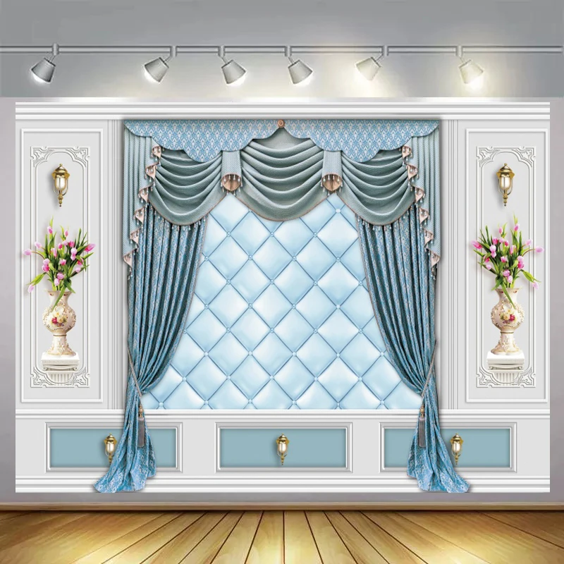 Фон для фотосъемки с изображением белой кирпичной стены и занавески детской