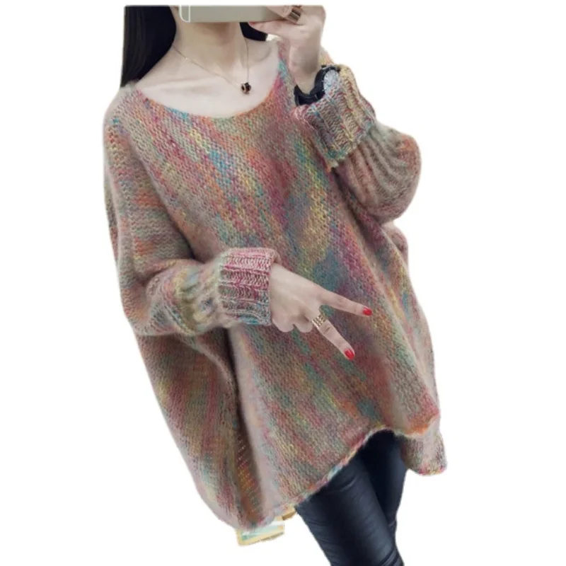 

Весенне-осенний Женский Цветной накидка с рукавом летучая мышь свободный свитер Универсальный пуловер средней длины вязаный свитер