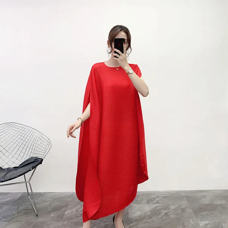 

MA006 Irregular Pleated Loose Dress Womens Vintage Fashion New O-neck Cloak Short Sleeve Solid Mid-Calf Dresses