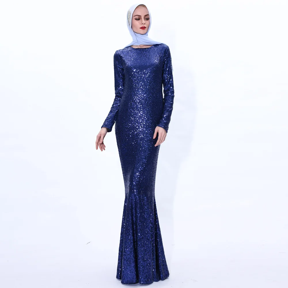 

Arabic Muslim Dress Evening Gowns Women Long Sleeve Luxury Dubai Prom Sequin Sparkle Maxi Dresses Islamic Fashion Turkish Robe