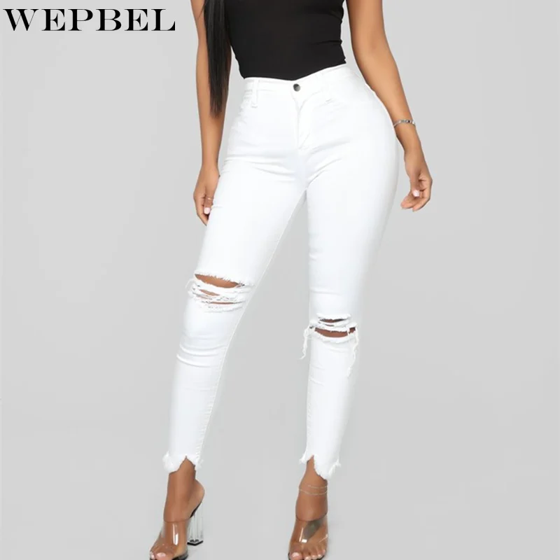 

WEPBEL Sexy Big Holes Ripped Jeans Tassels Skinny Mid Waisted Pencil Pants Women Trousers Black White Plus Size