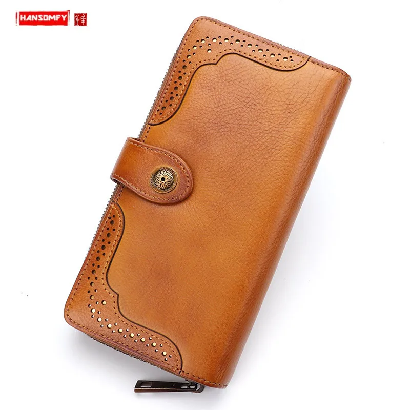 Vintage Leather Long Zipper Women Wallet Card Holder Wallets Large Capacity Purses Cowhide Leather 2022 New Female Cow Leather