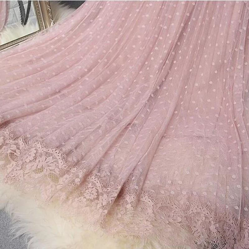 

2021 Spring Elegant Lace Patchwork Mesh Midi Skirts Women Elastic waist Polka Dot print Pleated Skirt A Line Long Tulle Skirt