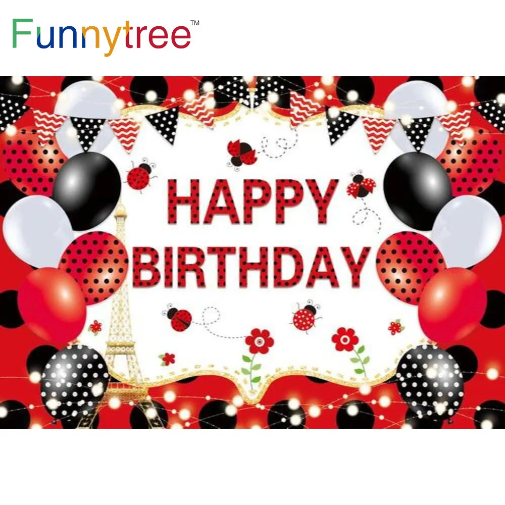 

Funnytree Happy Birthday Party Balloons Insect Red Black Dots Banner Lights Tower Background Baby Shower Backdrop Photophone
