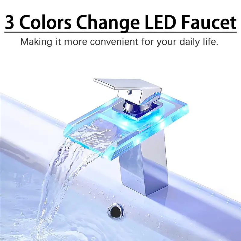 

Bathroom LED Faucet Brass Waterfall Temperature 3 Colors Change Mixer Glass Taps For Bathroom Wash Sink Copper Glass