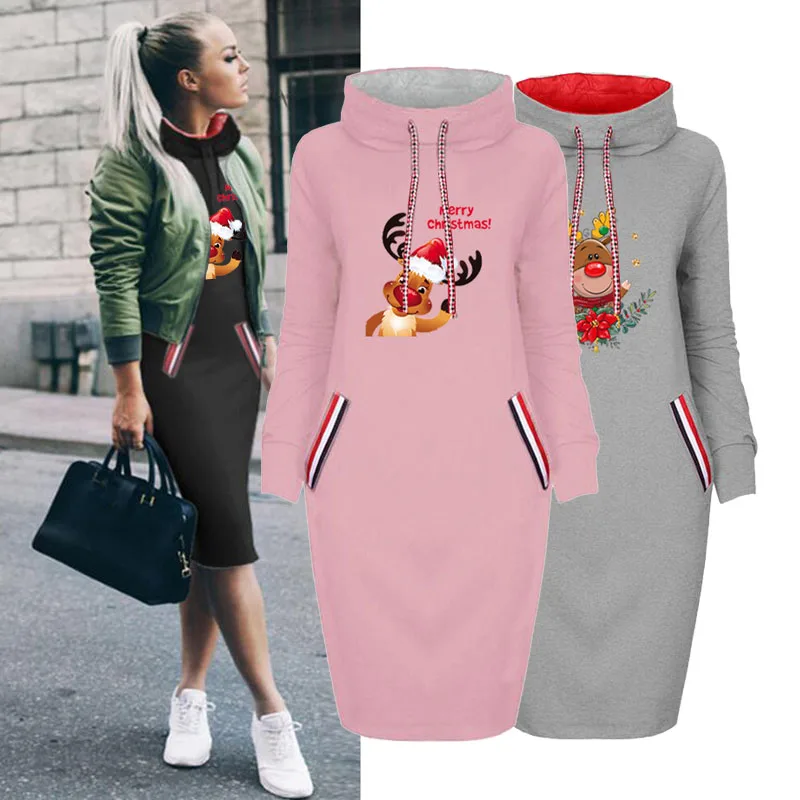 

Fall Casual Woman Midi Dress Winter Thin Cartoon Elk Print Dresses Plus Size Long Sleeve Bodycon Christmas Elegant Party Robe