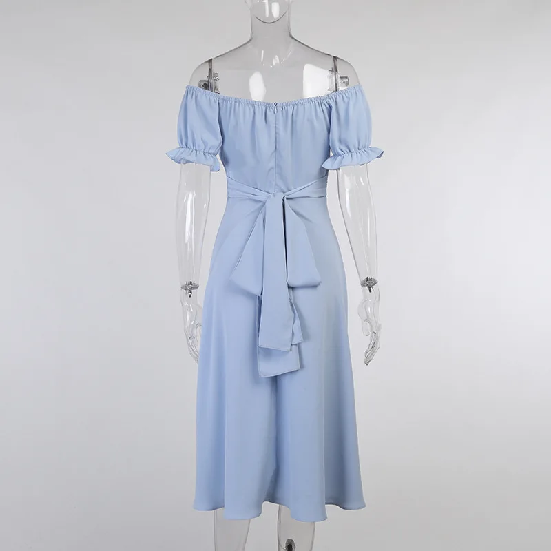 

Off The Shoulder Women Summer Dress Elegant Retro Short Sleeves Midi Dresses Blue Birthday Club Outfits Women Sexy Party Dress
