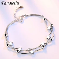 fanqieliu double chain square star charm bracelets for girl vintage real 925 sterling silver bangles women fql20350