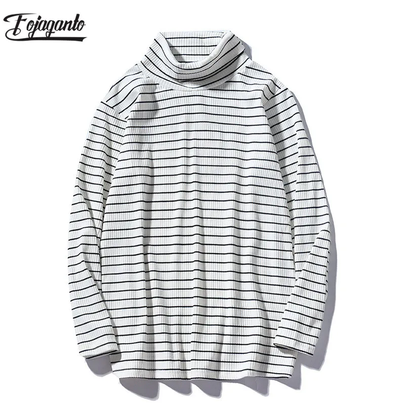 

FOJAGANTO Autumn Men Striped T-Shirt Tops Brand Men Simple Turtleneck T Shirts Trendy Casual Tee Shirt Male Clothing