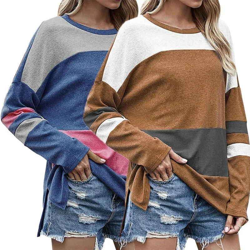 

Women Long Sleeve Colour Block Crew Neck T Shirts Casual Basic Tees Tunic Blouse