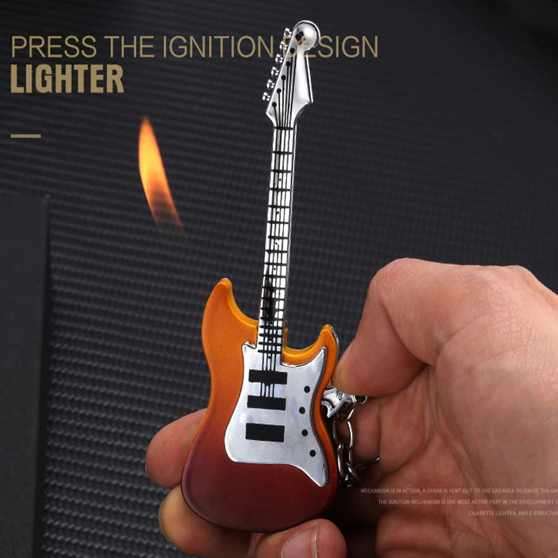 

Creative Guitar Gas Lighter Mini Cute Key Chain Pendant Windproof Inflatable Lighter Men's Cigarette Accessories Small Gifts