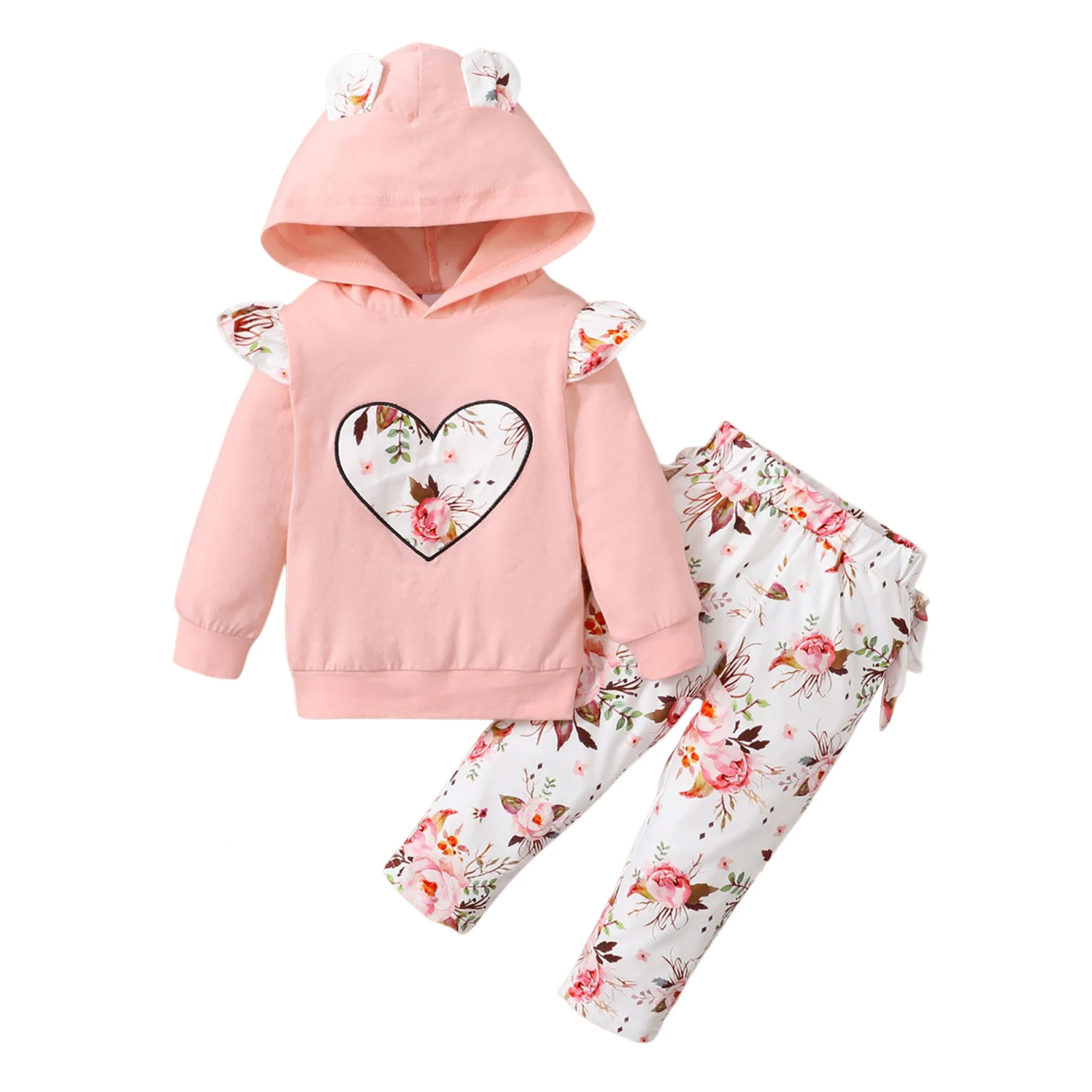 

Valentine's Day Baby Girl Pants Suit Love Pattern Hooded Long-sleeved Tops Flower Print Trousers